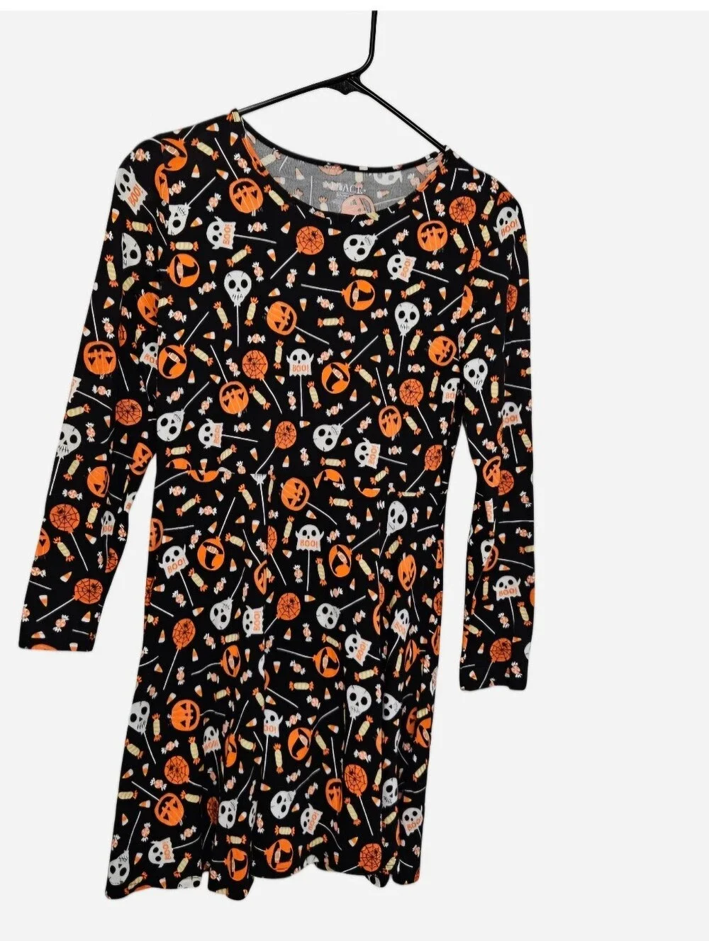 Halloween long sleeve dress orange & white skulls & bats black background, GIRLS